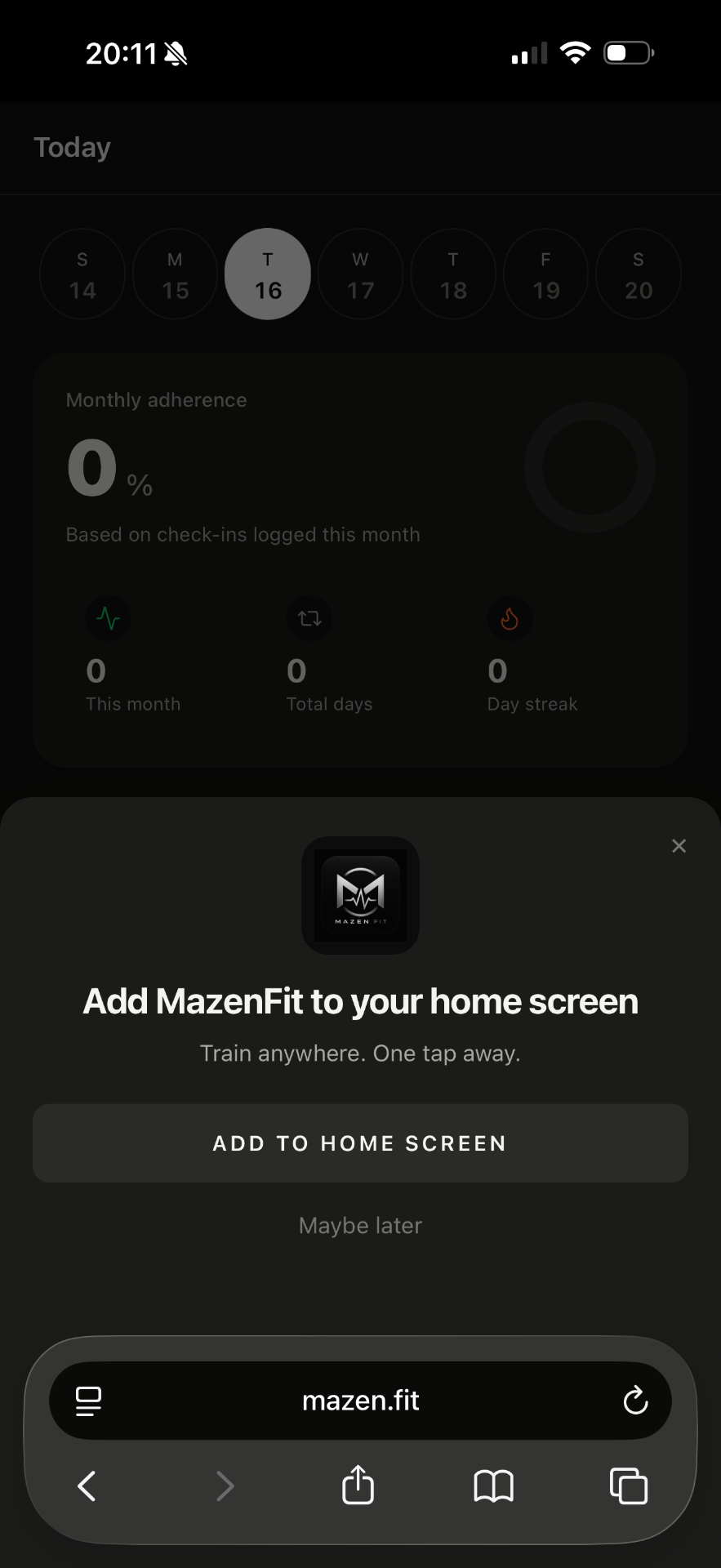 real "Add MazenFit to your home screen" prompt